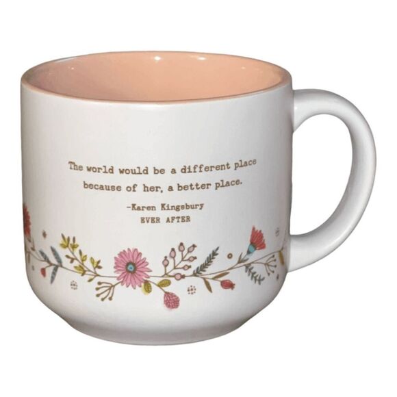 Dayspring 16 oz Ceramic Mug with Floral Print and Inspirational Quote, Pink Inte - Picture 1 of 4